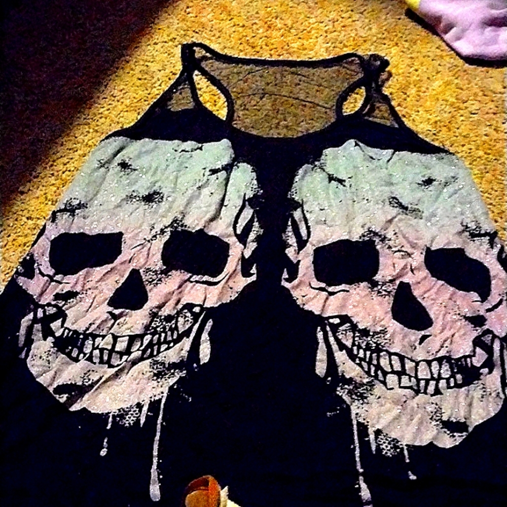 Black pink and blue skull tank top
